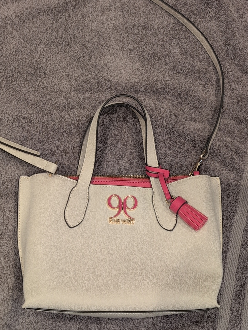 Nine West Cream and Pink Trim Leather Satchel with Tassel